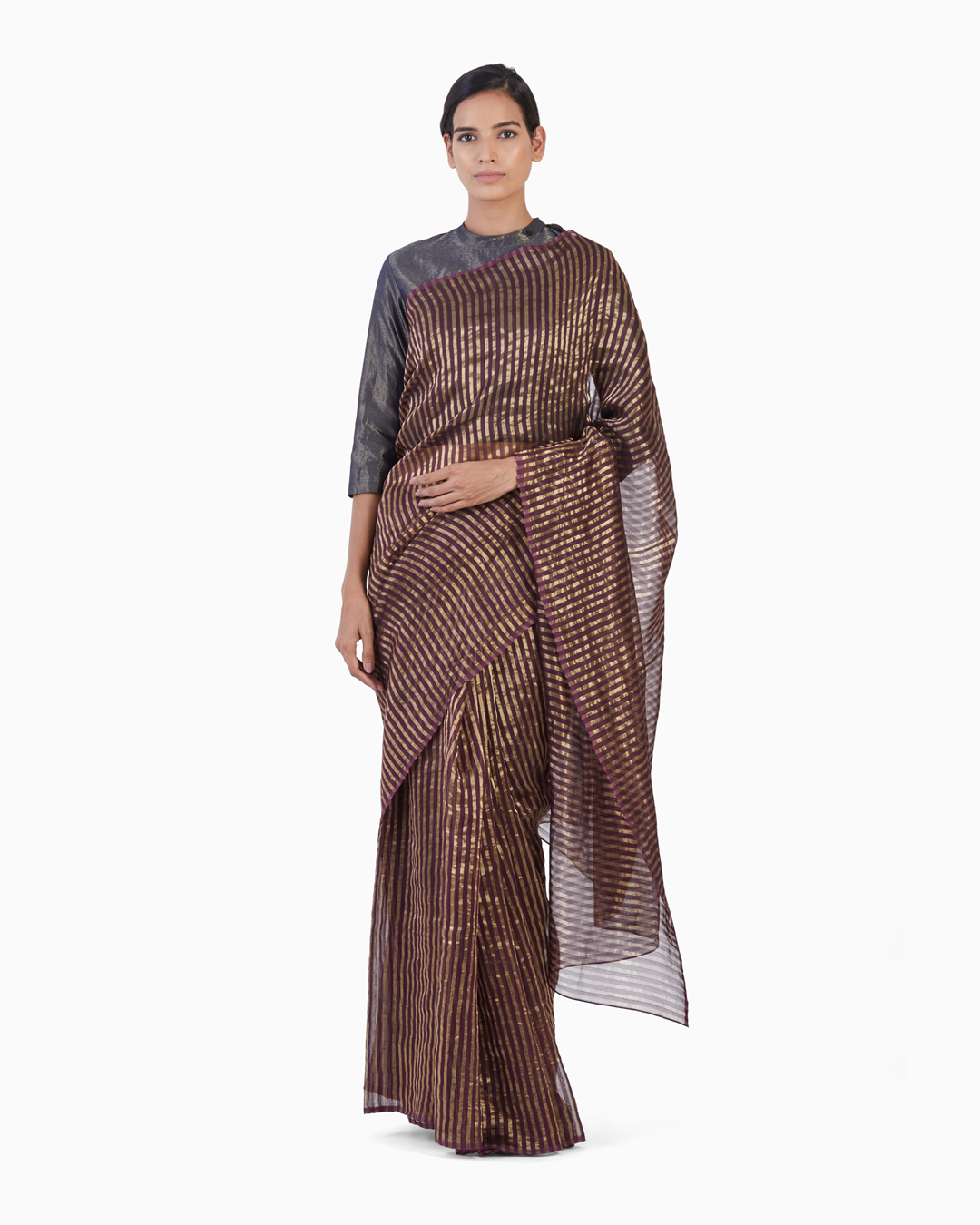 Handwoven Burgundy Gold Striped Silk Zari Saree