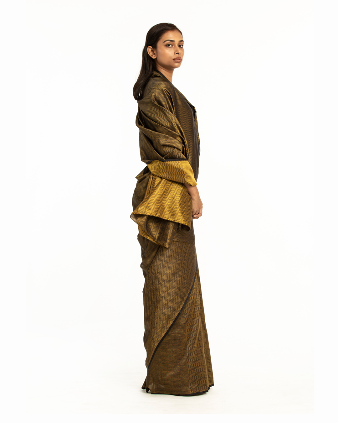 Handwoven Gold Black Chevron Silk Saree