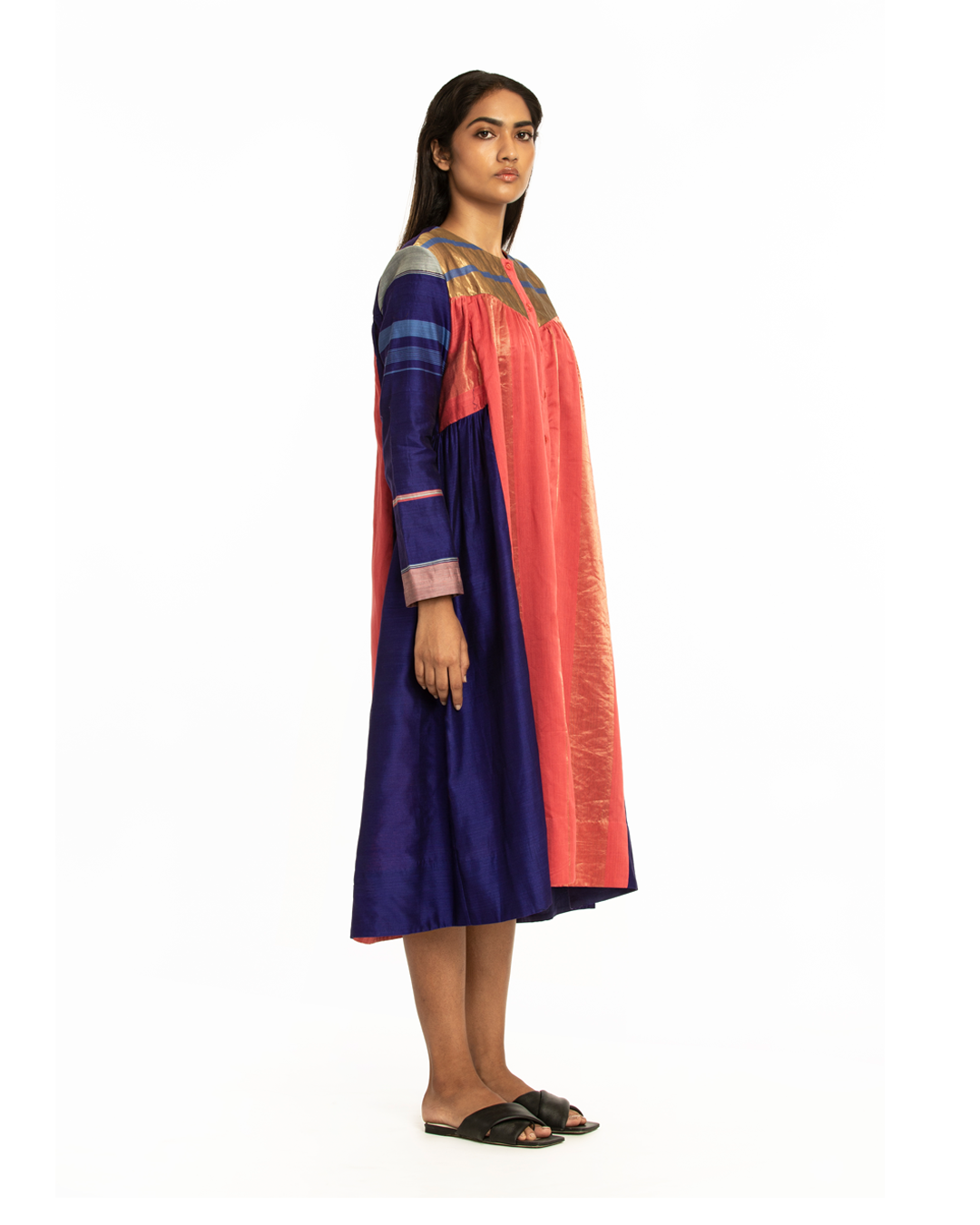 Handwoven Blue Pink Front Back Gathered Dress