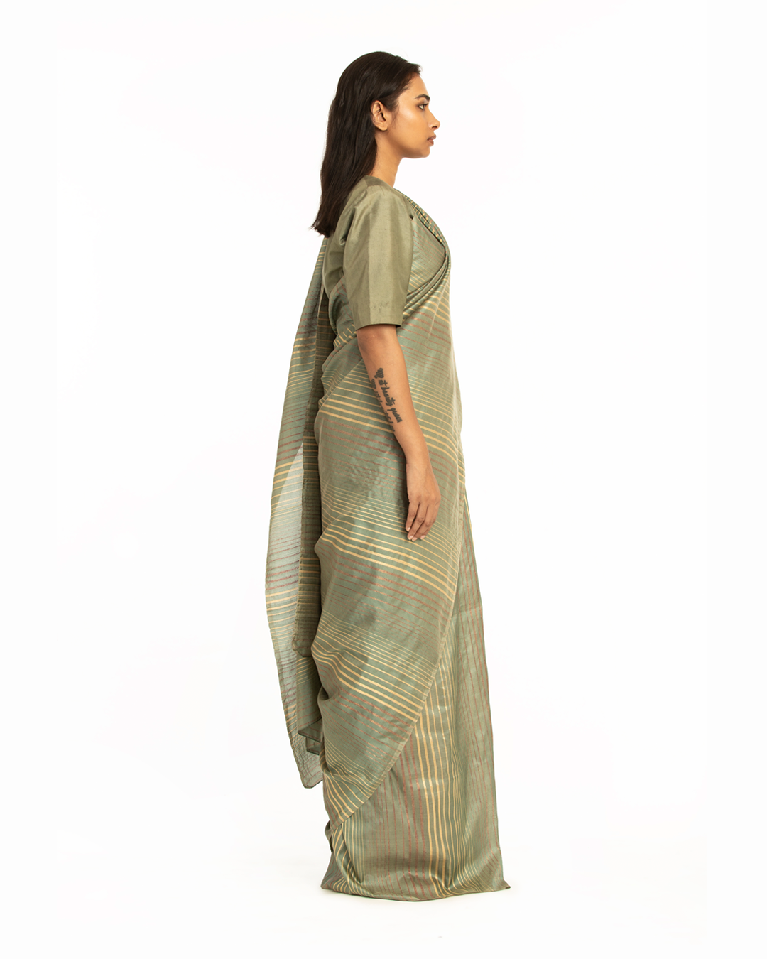 Handwoven Pastel Green Striped Silk Saree