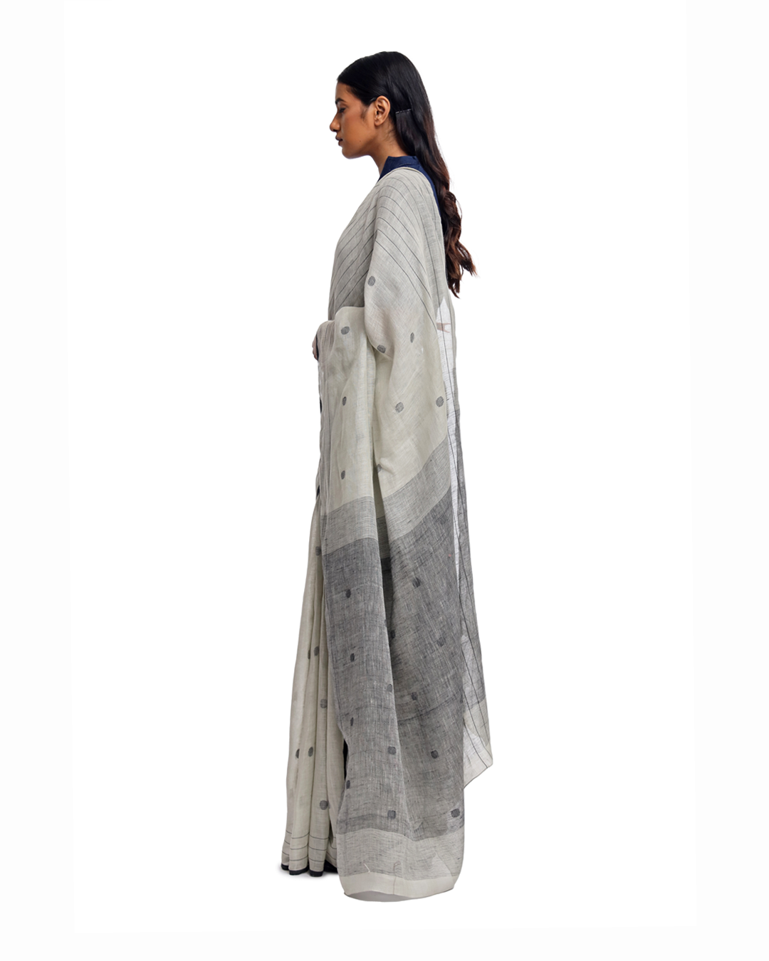 Handwoven off white circle linen saree