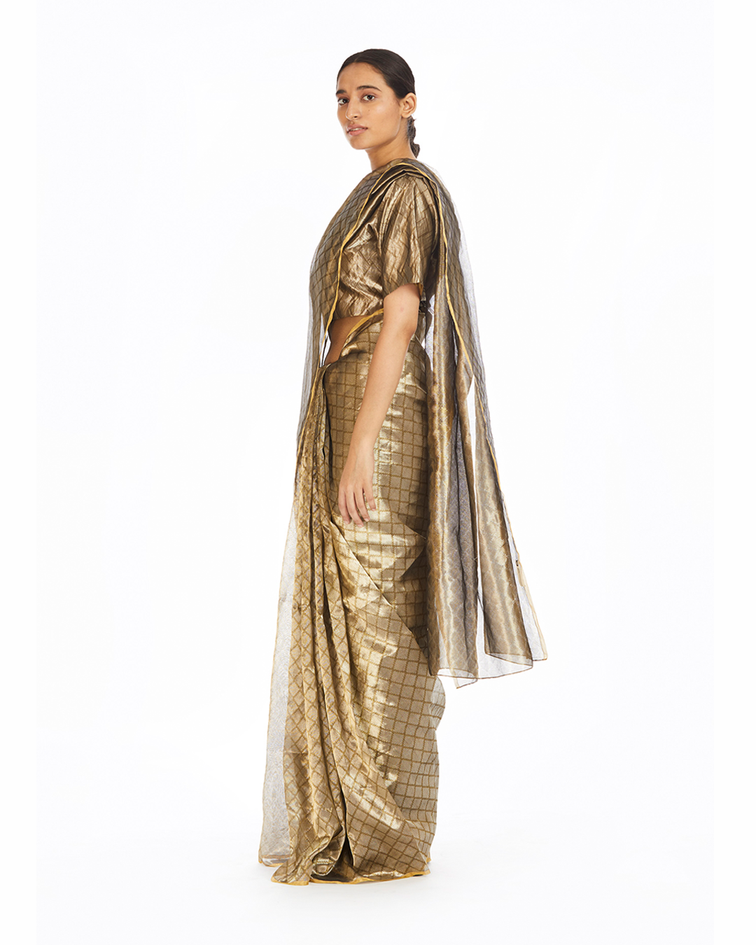 Handwoven Silver On Gold Longline Saree