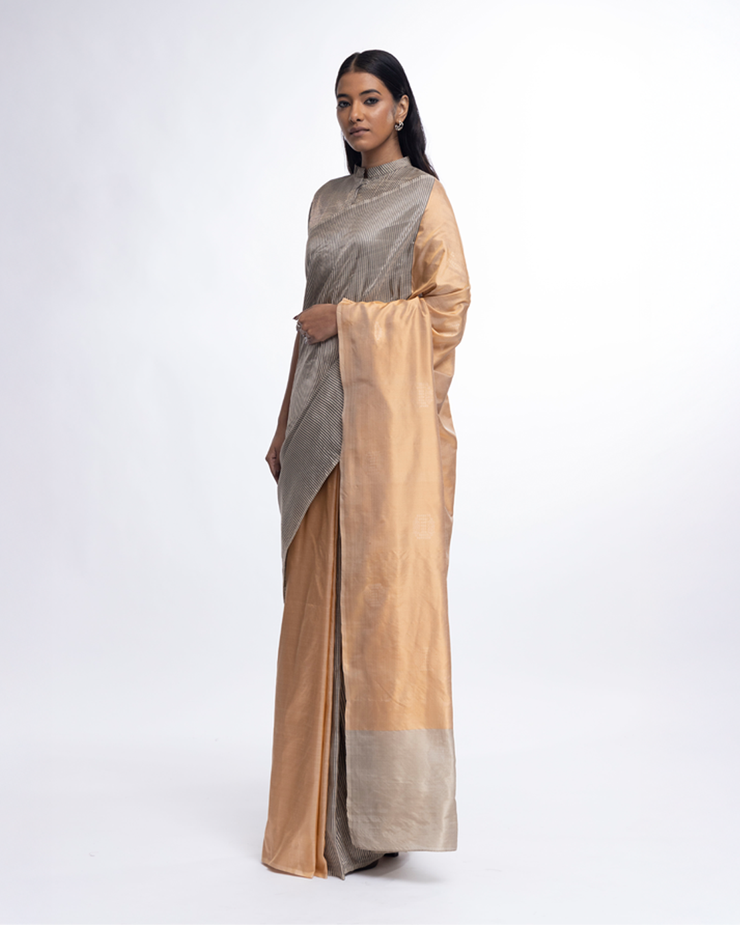 Handwoven gold black engineered stripe saree