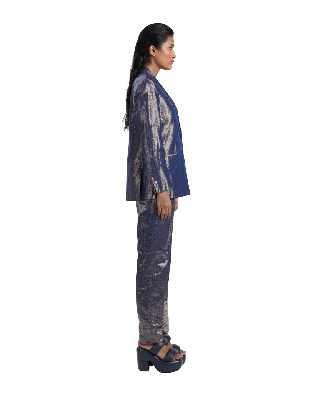 Handwoven Chevron Blue Gold Metallic Coat