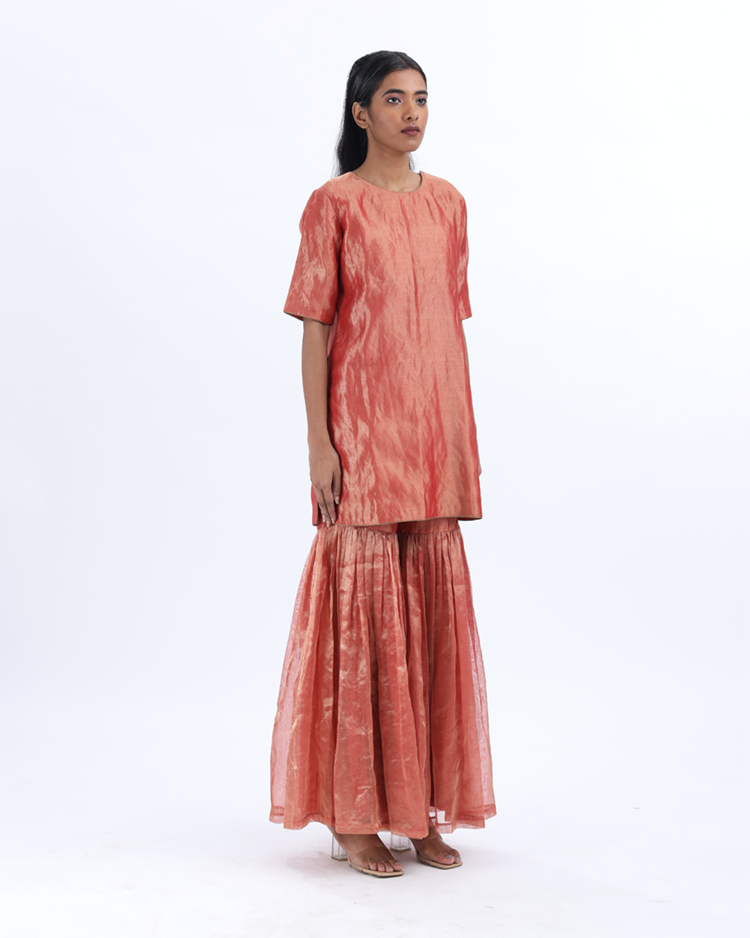 Handwoven Red Silk Zari Sharara Set With Silk Metallic Stripe Dupatta