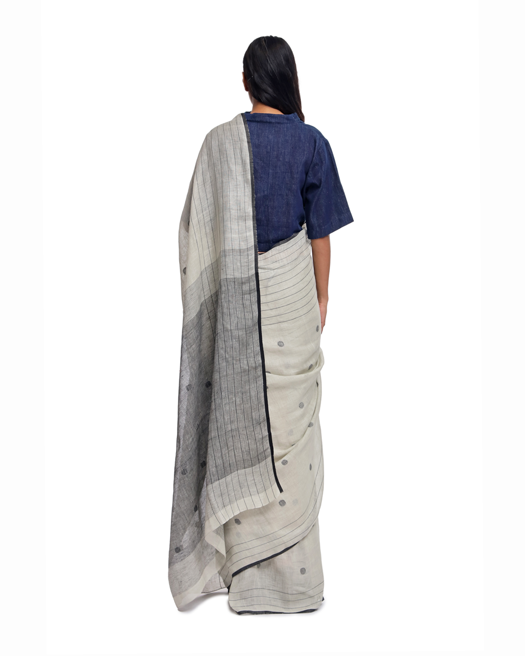 Handwoven off white circle linen saree