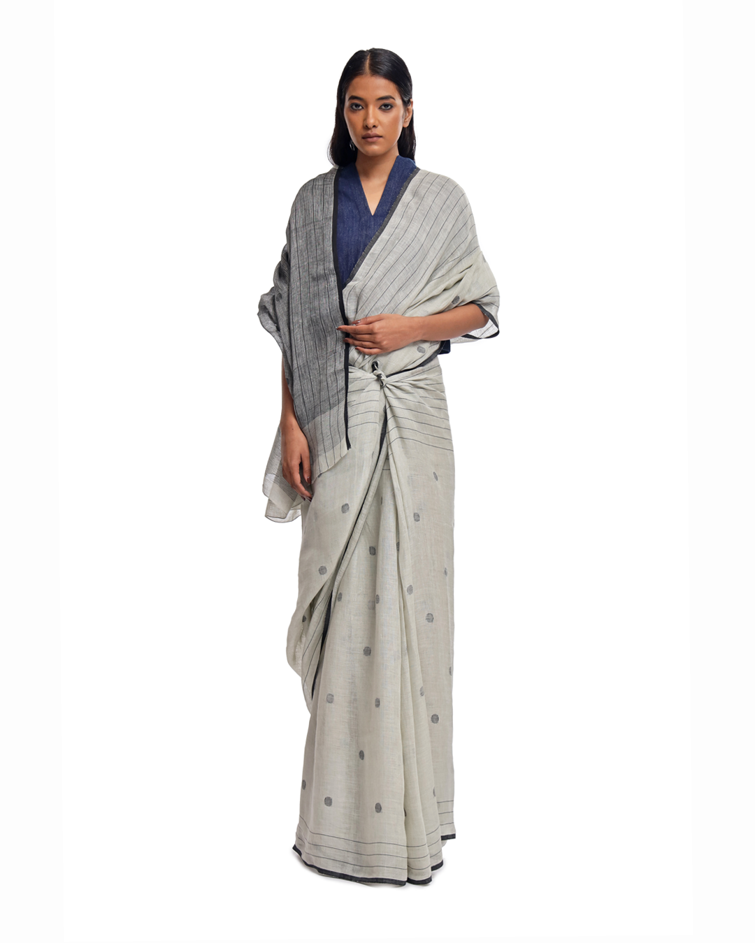 Handwoven off white circle linen saree