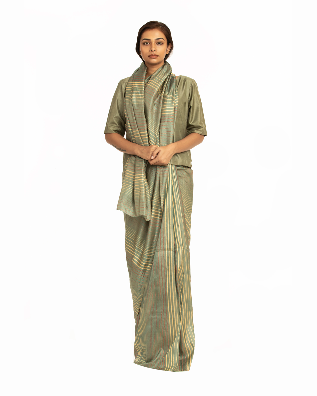 Handwoven Pastel Green  Striped Silk Saree
