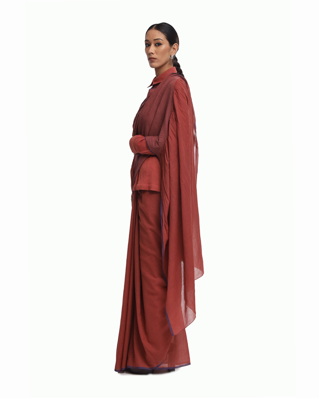 Handwoven Rust Cotton Kinji Palla Striped Saree