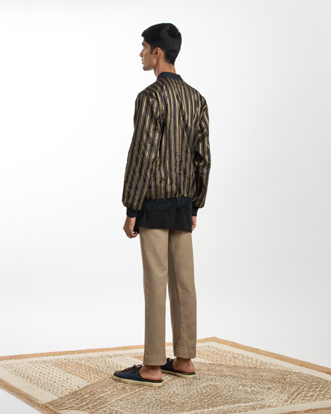 Handwoven Black Brown Striped Bomber Jacket
