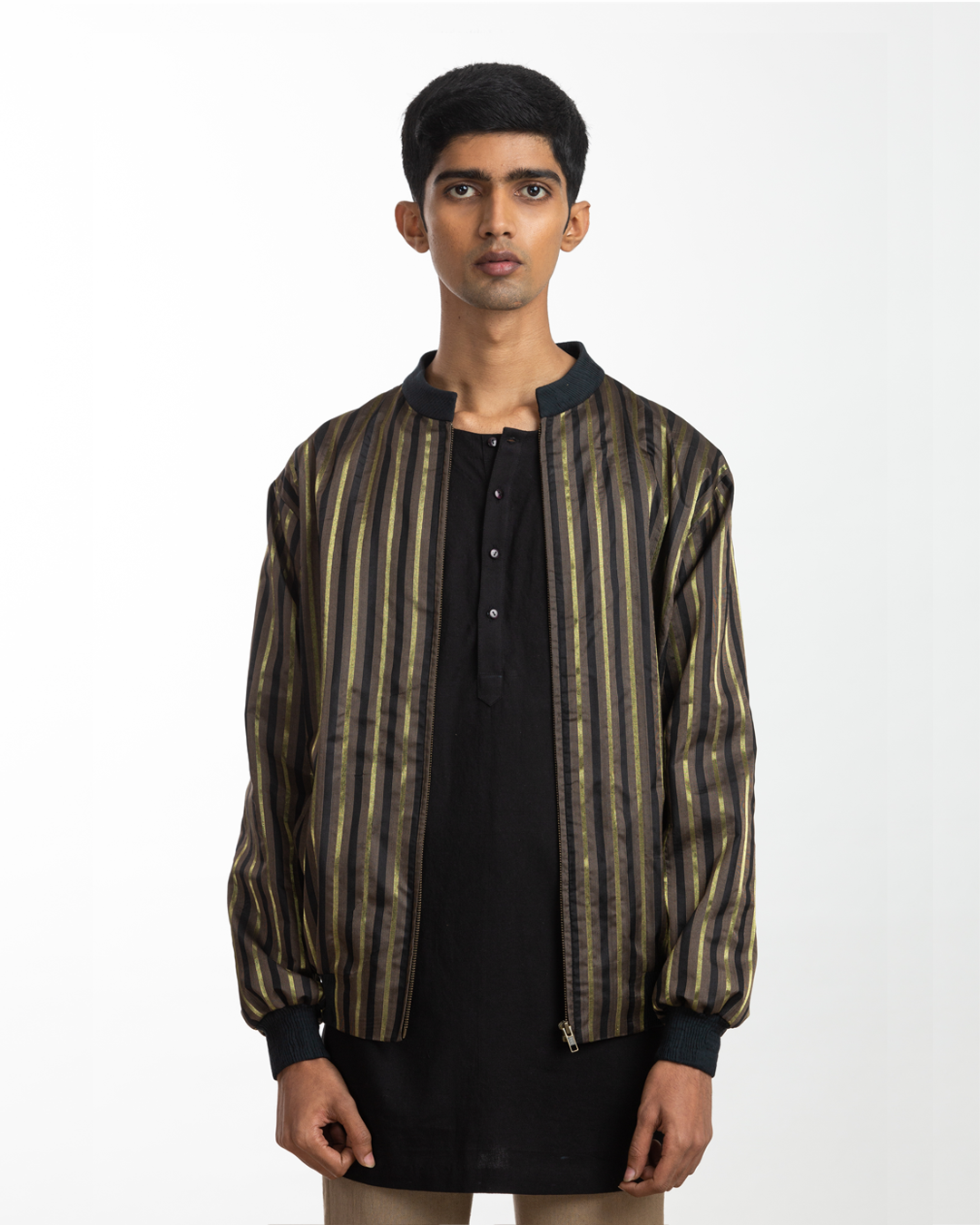 Handwoven Black Brown Striped Bomber Jacket